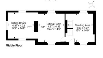 Plan d’étage de la maison Wood Cottage, située à Buxworth, dans le district de High Peak, comprenant deux salons et un coin lecture, avec indication des dimensions et de l’agencement.