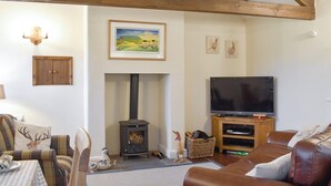 A cozy living room with a fireplace, a television, and comfortable seating. - 1 bedroom accommodation in near Middleham, Leyburn (near Middleham, Leyburn)