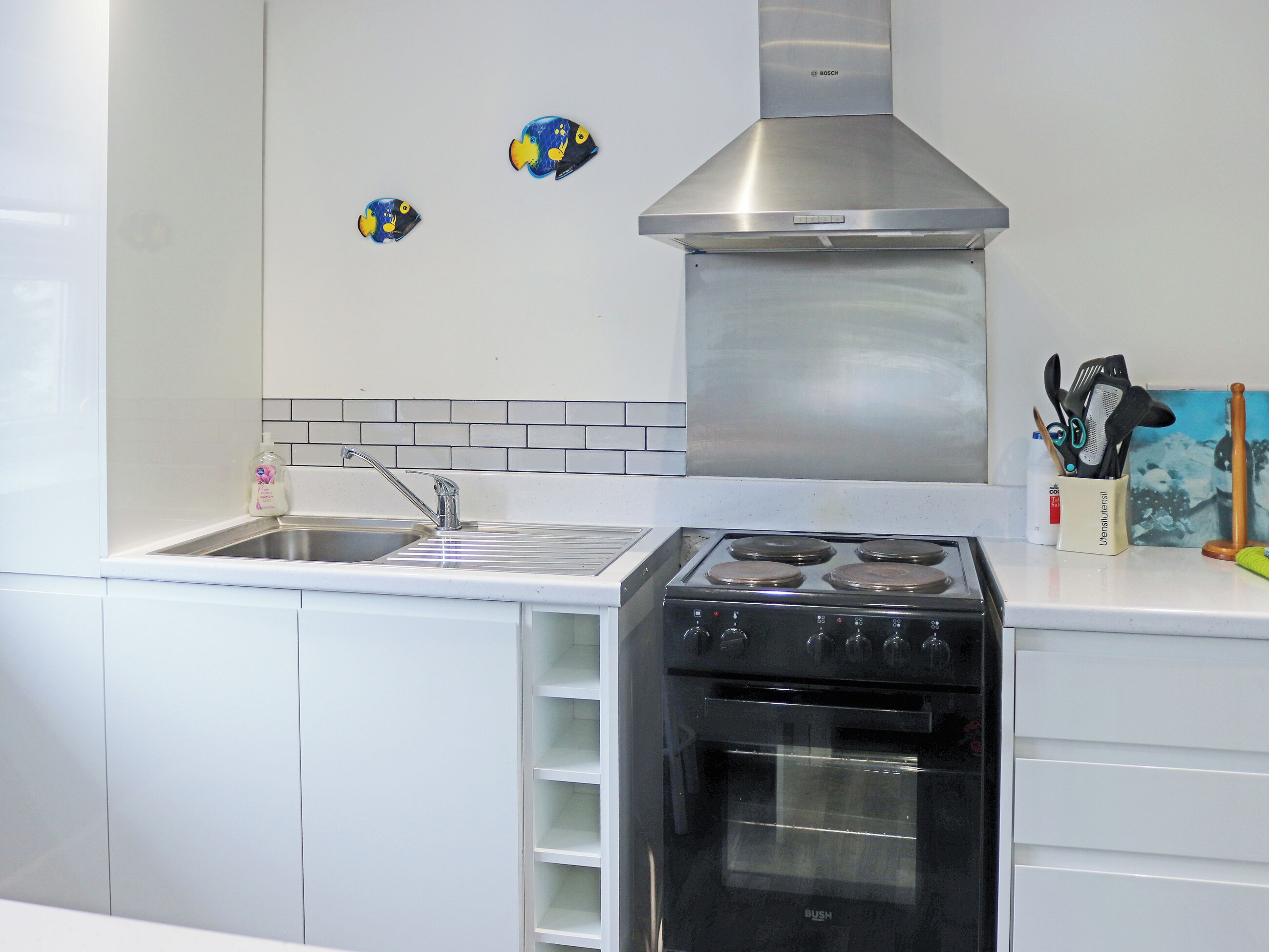 Fridge, microwave, oven, electric kettle