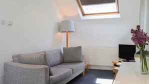 A modern living room with a grey sofa, a floor lamp, a TV, and a skylight. - 1 bedroom accommodation in York (York)