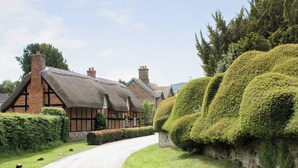 A traditional thatched-roof cottage with a gravel path leading to it, surrounded by well-maintained hedges and a stone wall. - 3 bedroom accommodation in Bucknell, near Clun (Bucknell, near Clun)