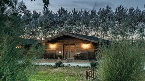 A rustic cabin with a wooden exterior, a porch with railings, and a small pond in the foreground. - Lake View Lodges - 25076 (Old Leake, near Boston)