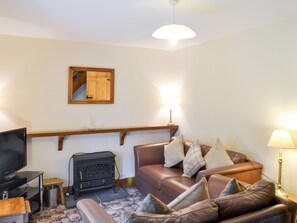 Un salon avec un canapé en cuir marron, un téléviseur, un poêle à bois et un miroir au mur.