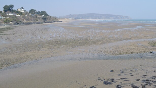 Ampia spiaggia sabbiosa con onde leggere, una collina in lontananza e case su un pendio.