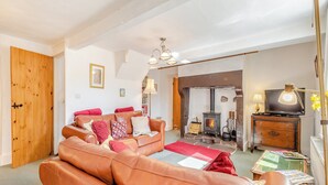 A cozy living room with a leather sofa, a fireplace, a television, and a bookshelf. - HOLLOW CREEK COTTAGE - 28012 (Kirkandrews-on-Eden, near Carlisle)