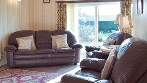 A living room with a brown leather sofa, a patterned rug, and a view through a glass door. - 2 bedroom accommodation in Cosheston near Pembroke (Cosheston near Pembroke)