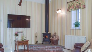 A living room with a fireplace, a television, and a sofa. - 2 bedroom accommodation in Cosheston near Pembroke (Cosheston near Pembroke)