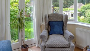 Une pièce avec un fauteuil à motifs, une plante en pot et une vue sur un jardin et des maisons, visible à travers de grandes fenêtres.