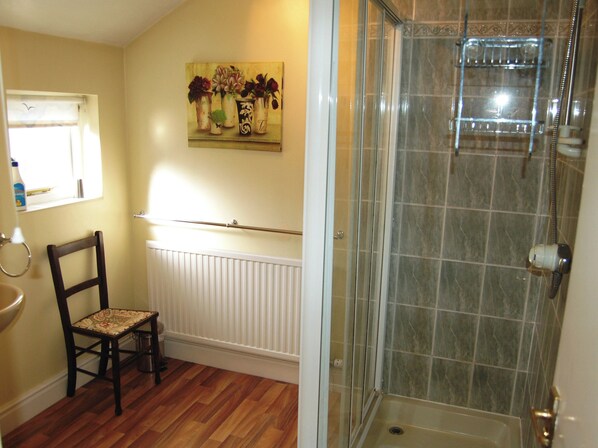 A bathroom with a wooden chair, a radiator, a glass shower enclosure, and a painting on the wall.
