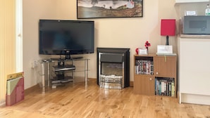 Een woonkamer met een flatscreen televisie, een open haard, een boekenkast en een lijst met een landschaps schilderij aan de muur.