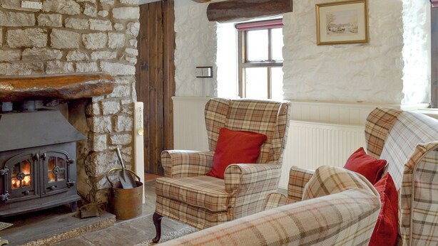 A cozy living room with a stone wall, a fireplace, a plaid sofa, and a window with a view.