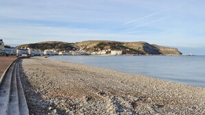 Une plage de galets avec des bâtiments en arrière-plan et une colline.