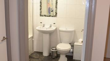 A bathroom with a white sink, toilet, and mirror.