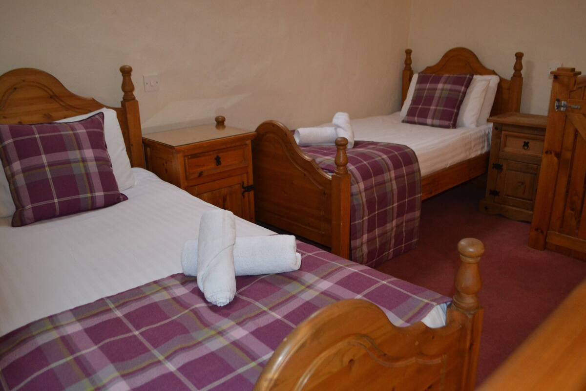 A room with two wooden beds, each with a plaid bedspread and pillows. There are wooden nightstands with drawers and a wooden cabinet.