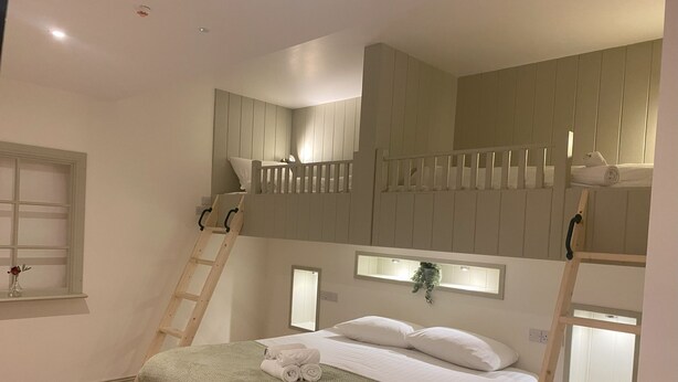 A bunk bed room with a ladder, a window with a plant, and a bed with a green blanket.