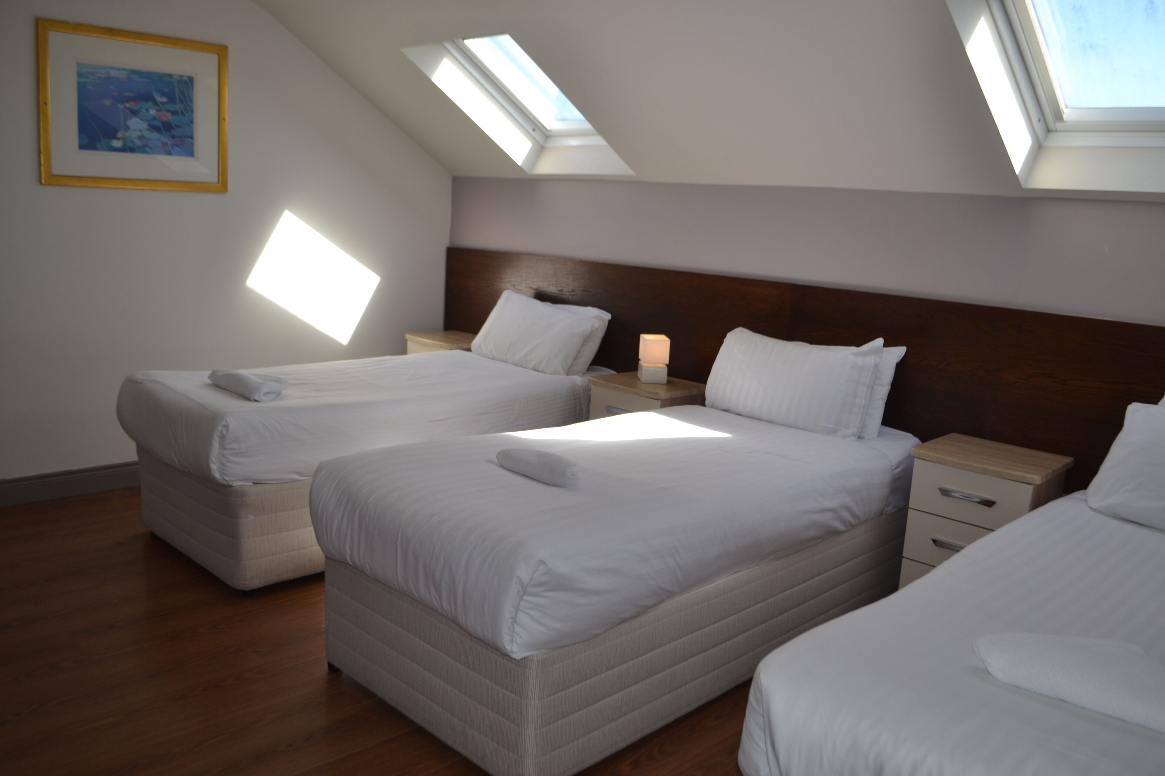 A bedroom with two beds, wooden headboards, a skylight, and a framed picture on the wall.