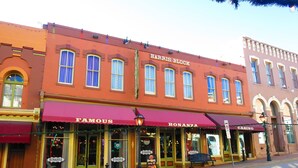 A historic building with multiple storefronts, including a casino and a restaurant named Bonanza.