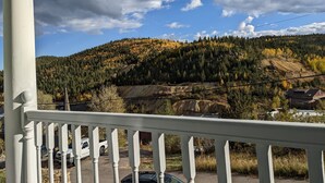 A view from a balcony with a railing, overlooking a forested hillside with autumn foliage, a rocky outcrop, and a distant building.