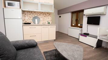 Standard Apartment | Private kitchenette | Fridge, stovetop, electric kettle, cookware/dishes/utensils