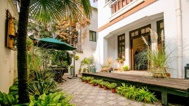 A courtyard with a wooden bench, potted plants, and a palm tree. - Yuyuan Impression Guesthouse (Shanghai)
