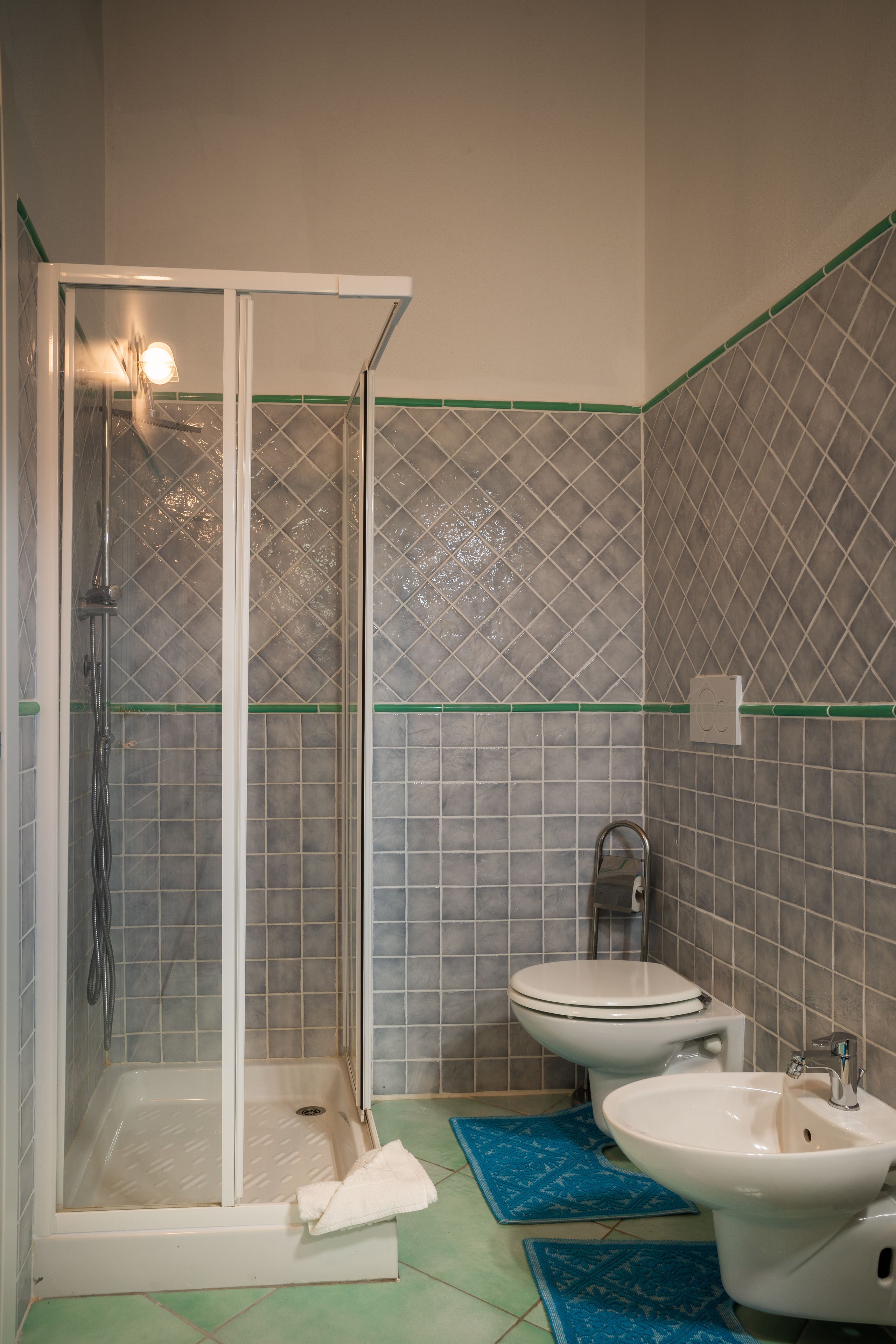 Un baño con ducha, inodoro y bidé.
