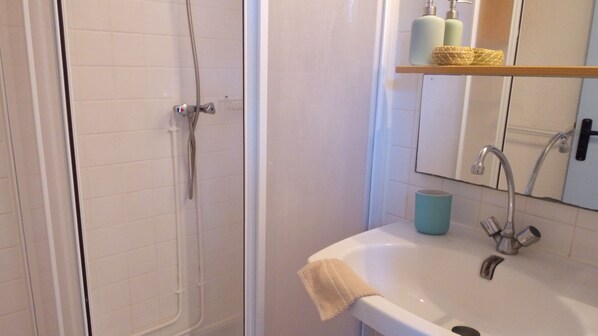 A bathroom with a shower, a sink, and a mirror.