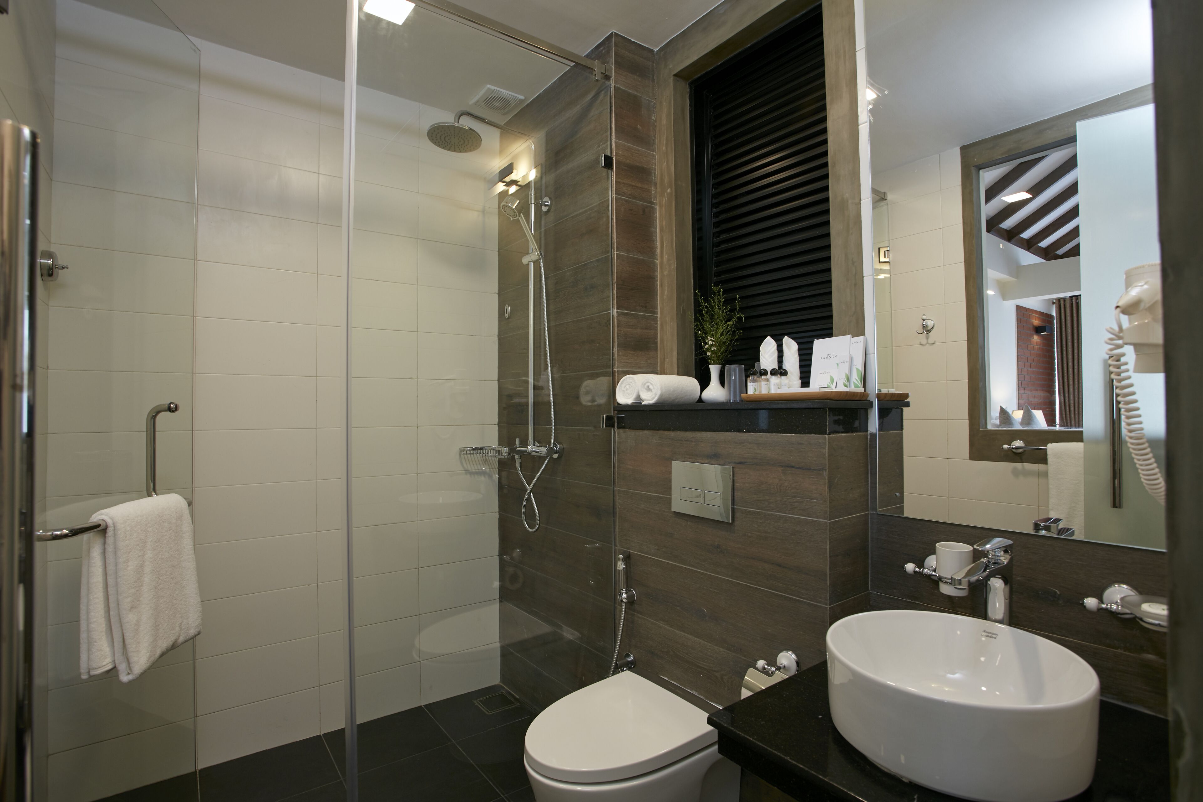 Un baño moderno con ducha envuelta en vidrio, inodoro blanco, lavamanos grande y espejo sobre el lavamanos.