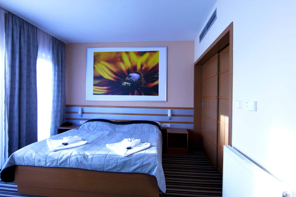 A hotel room with a bed, a large window with curtains, a wall-mounted artwork of a flower, a bedside table, and a built-in wardrobe.