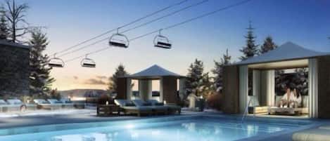 A pool area with lounge chairs, a covered seating area, and a ski lift.