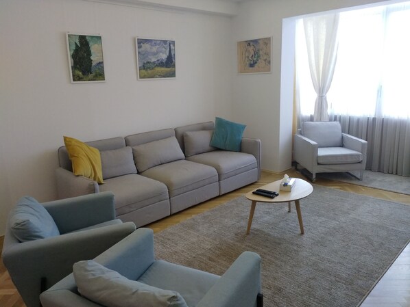 Leilighet – superior, 1 queensize-seng med sovesofa, ikke-røyk, byutsikt | Oppholdsrom | Flatskjerm-TV