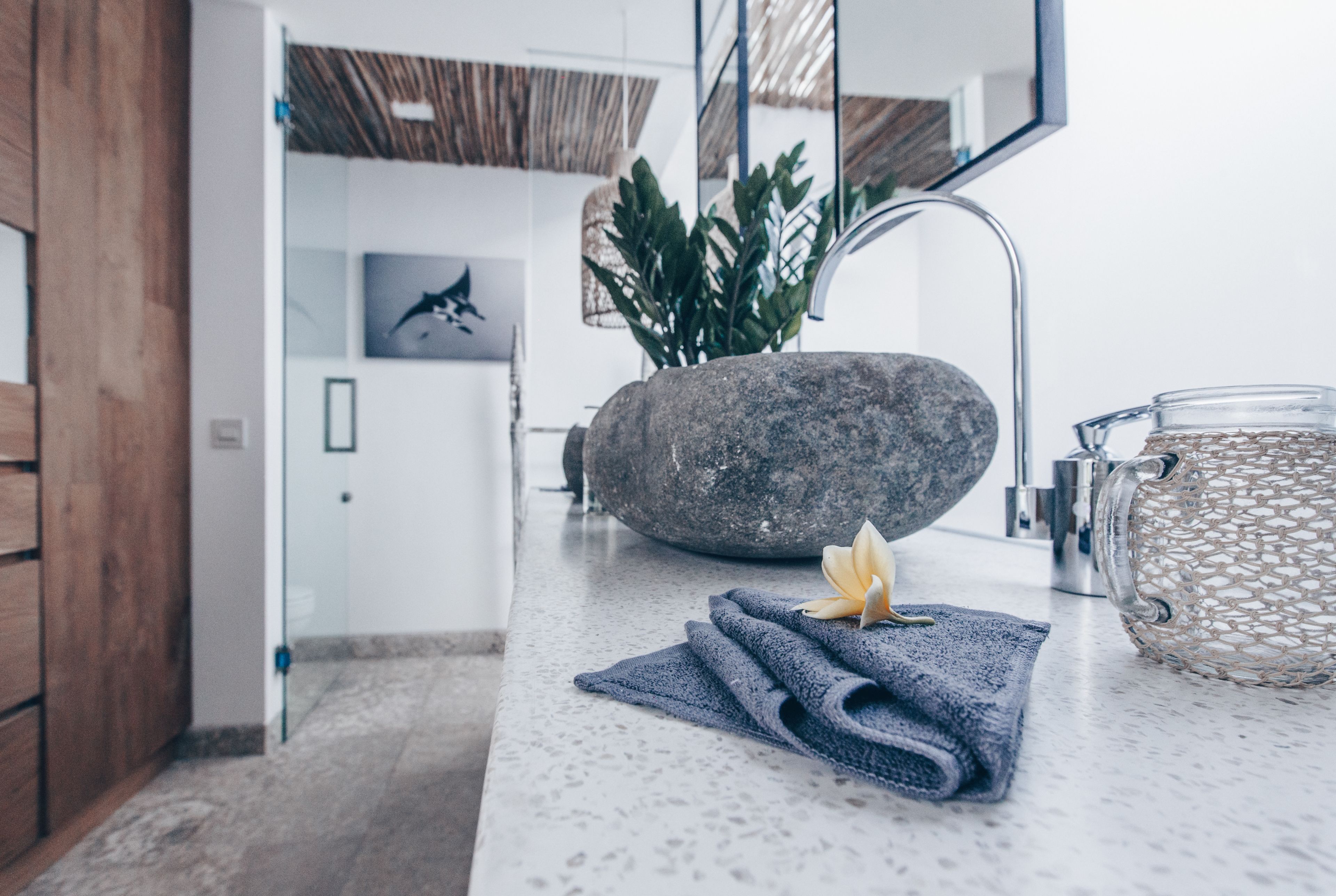 A modern bathroom with a stone basin, a towel, and a decorative plant.