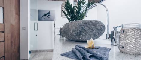 A modern bathroom with a stone basin, a towel, and a decorative plant.