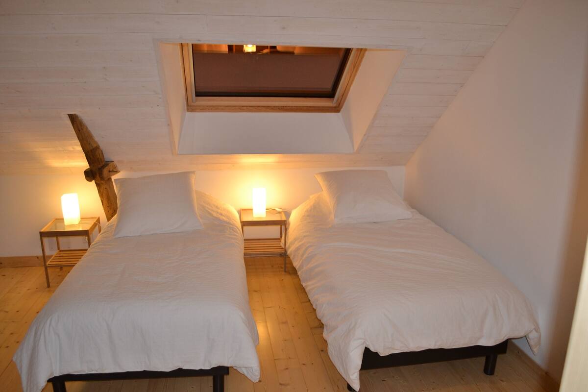 Quarto pequeno e acolhedor com duas camas de solteiro, um claraboia e luminárias de cabeceira.