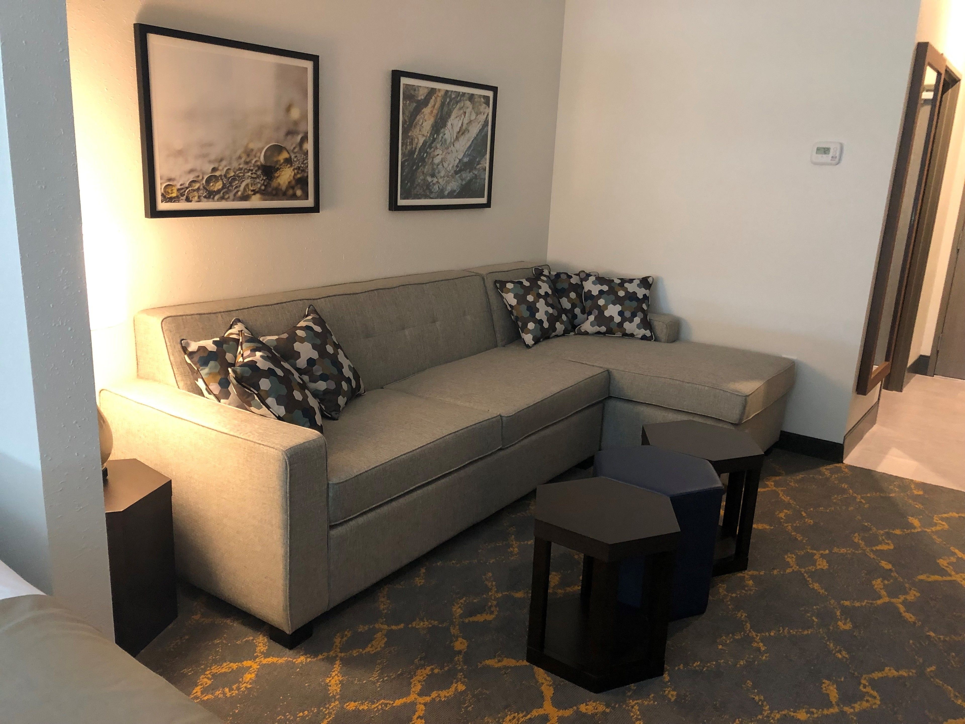 desk, laptop workspace, blackout curtains, iron/ironing board