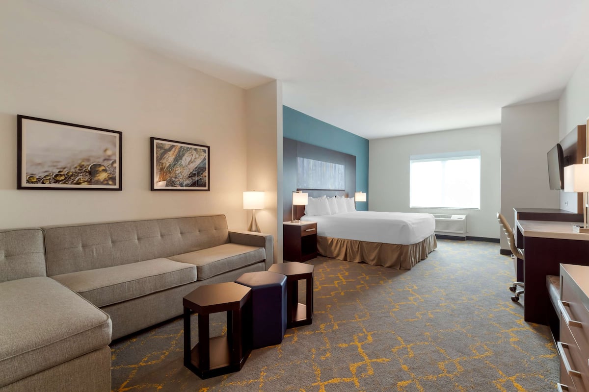 Suite, 1 King Bed with Sofa bed, Non Smoking, Refrigerator & Microwave | Desk, laptop workspace, blackout curtains, iron/ironing board