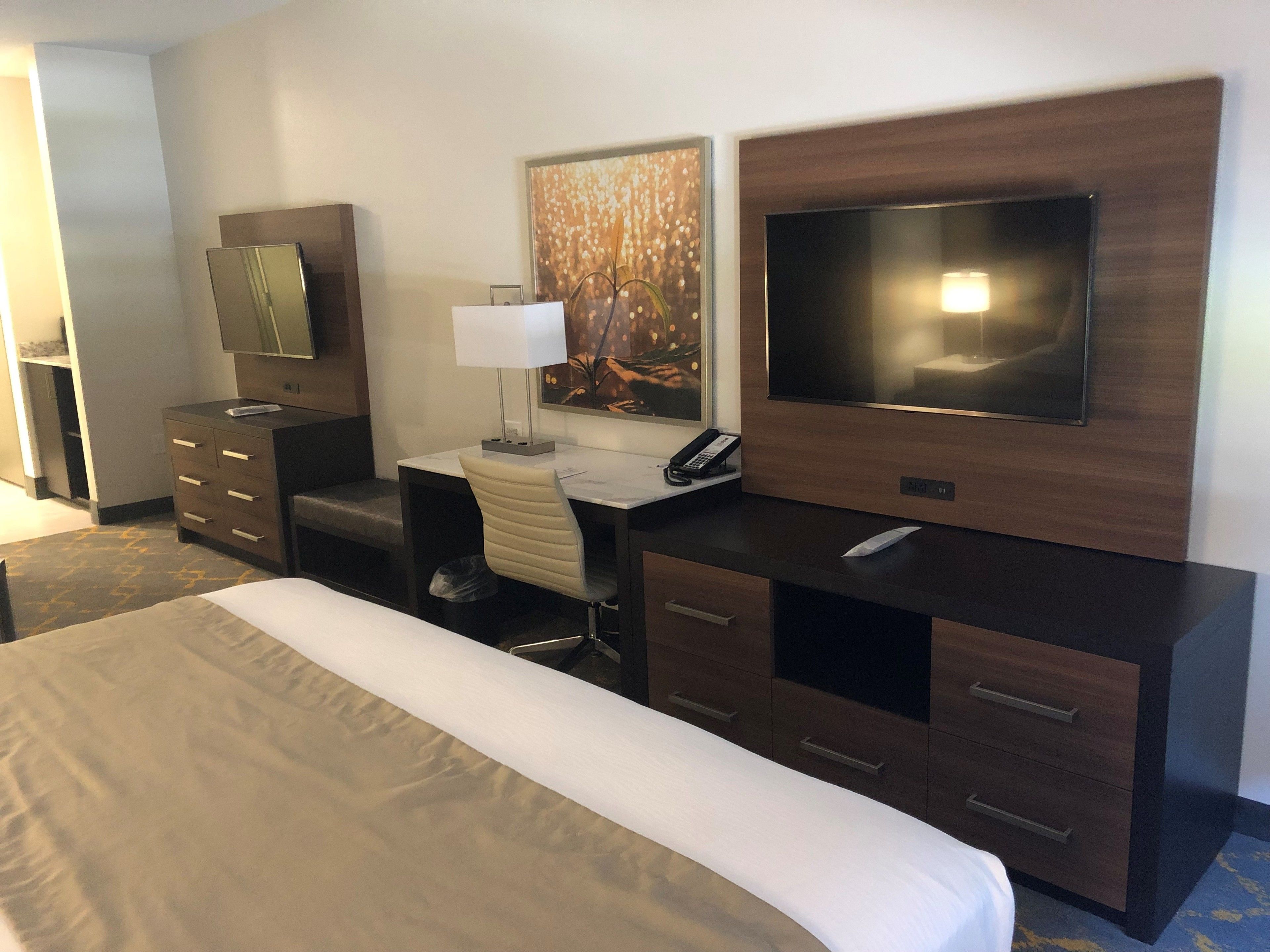 desk, laptop workspace, blackout curtains, iron/ironing board