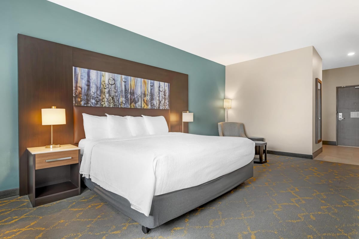 A hotel room with a large bed, two bedside tables with lamps, a chair, and a painting on the wall.