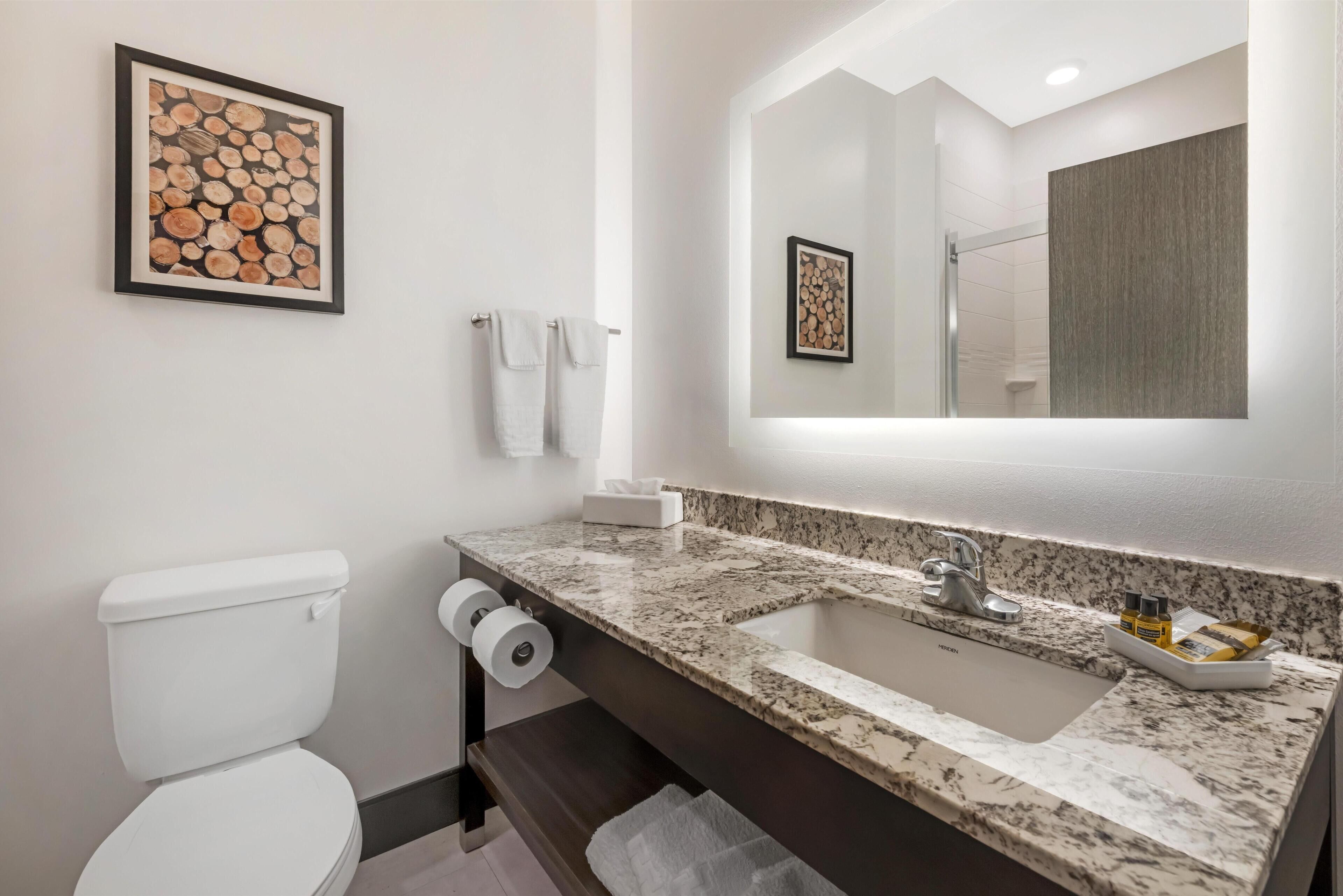 A modern bathroom with a white toilet, marble sink, and a framed artwork of logs on the wall.