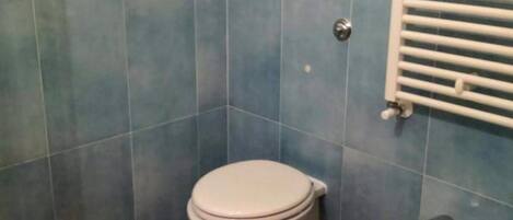 A bathroom with a toilet and bidet, tiled walls in blue and beige, and a white towel rack.