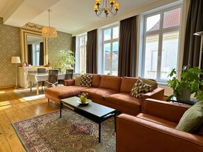 Télévision, cheminée, lecteur de DVD, livres