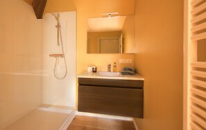 Une salle de bain avec une douche, un lavabo et un miroir.