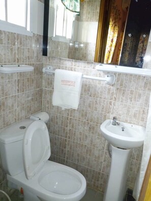 Combined shower/tub, deep soaking tub, towels