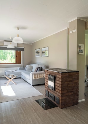 Een 55-inch smart-tv met digitale zenders, televisie en een open haard