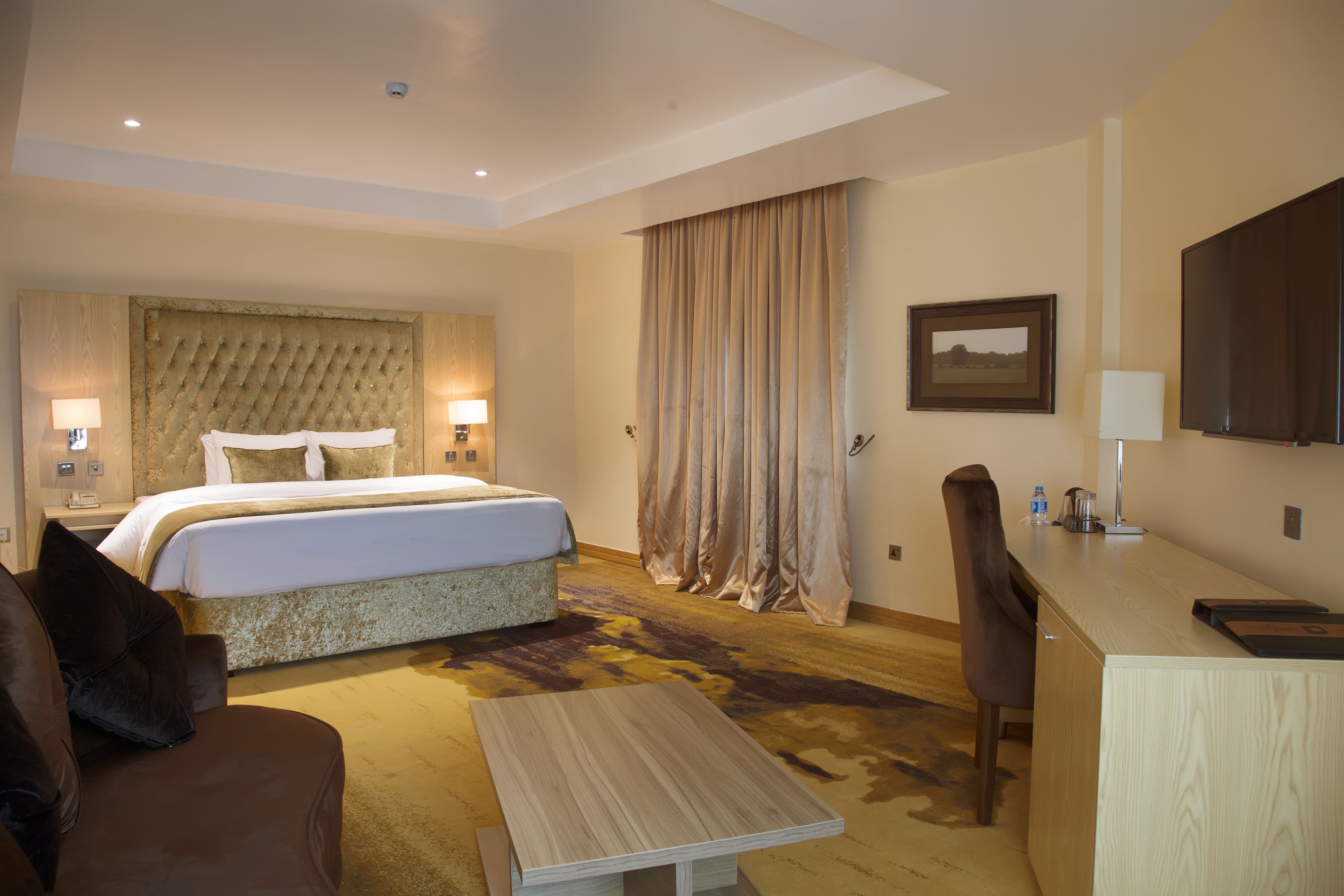 A hotel room with a bed, a desk, a chair, a sofa, and a television.