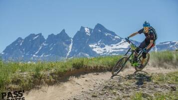 A mountain biker on a dirt trail with snow-capped mountains in the background.
