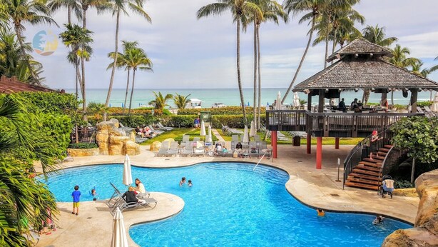A pool area with lounge chairs, a gazebo, and palm trees.