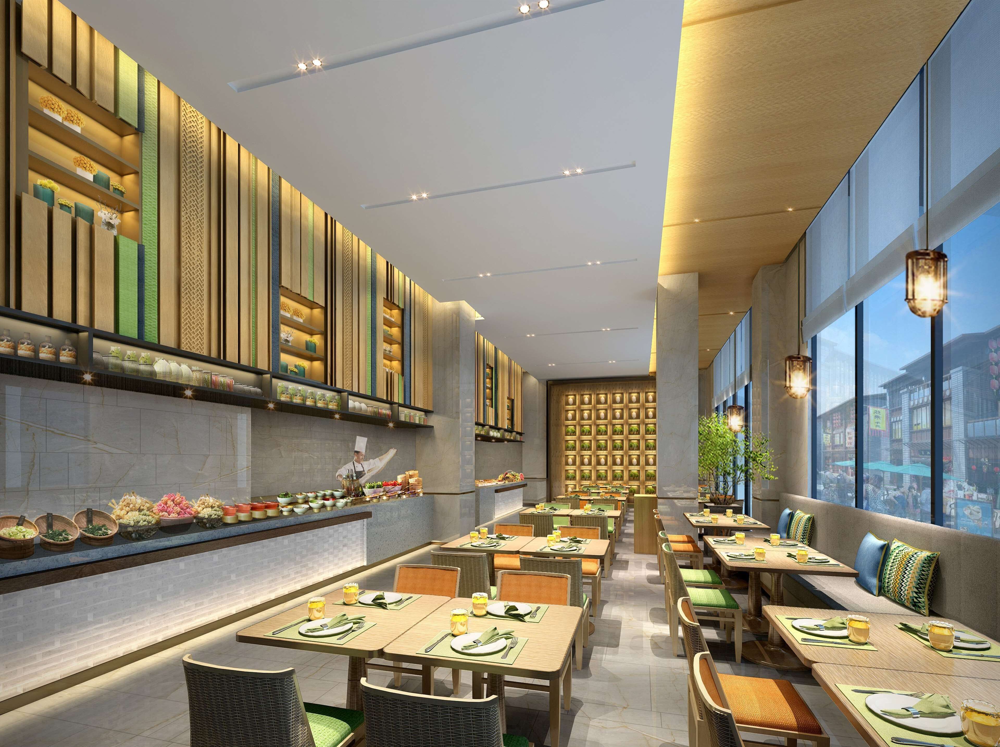 A modern restaurant with high ceilings, wooden paneling, and a variety of seating options.