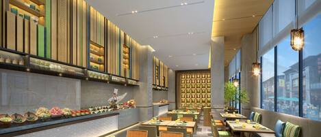 A modern restaurant with high ceilings, wooden paneling, and a variety of seating options.