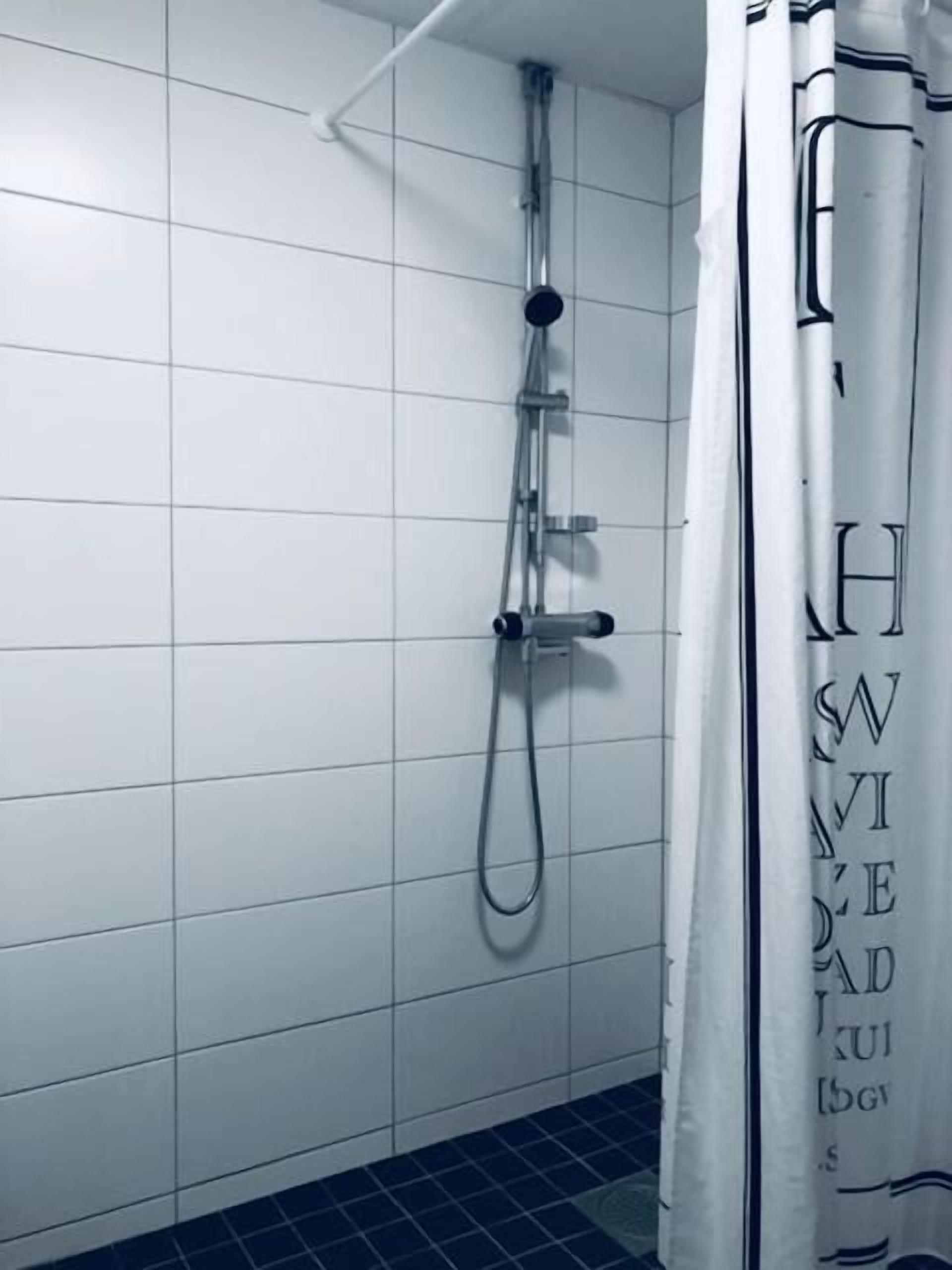 Dusch, gratis toalettartiklar, hårtork och handdukar