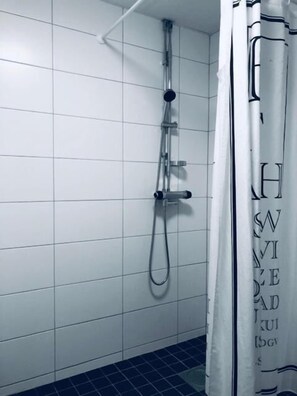 Dusch, gratis toalettartiklar, hårtork och handdukar